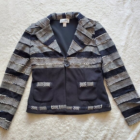 Joseph‎ Rikkoff Striped Black White Lace Houndstooth Button Blazer Womens 10 - Picture 1 of 13